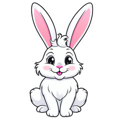 Fototapeta premium Cartoon Bunny with Long Ears and Cute Smile. Add a touch of sweetness to your projects with this fluffy white cartoon rabbit. Featuring long, expressive ears, a cute pink nose, and a cheerful smile