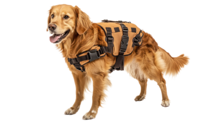 Dog using adaptive gear for mobility or special needs,isolated on transparent and white background.PNG image