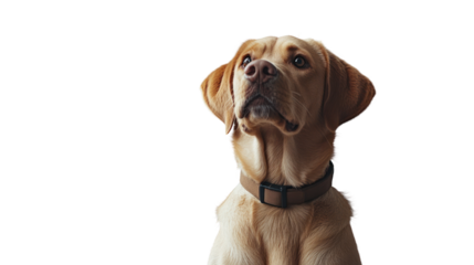 Golden Retriever Puppy with Curious Gaze: A close-up portrait of a golden retriever puppy looking up with a curious and playful expression.