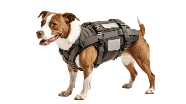 Dog using adaptive gear for mobility or special needs,isolated on transparent and white background.PNG image