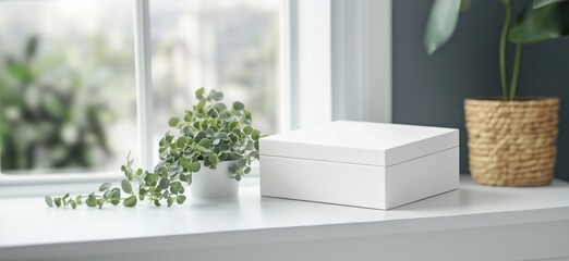 Minimalist white box on windowsill with greenery, modern decor, natural light, indoor plants, stylish home design, copy space for text