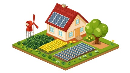 Eco-Friendly Home with Solar Panels and Wind Turbine