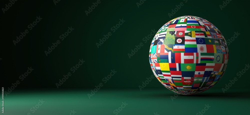 Poster globe covered with flags representing various countries, showcasing global diversity and unity. colo