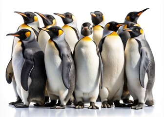 Obraz premium Ten Adorable Penguins Isolated, White Background, Candid Wildlife Photography