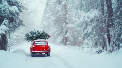 Red car carrying Christmas tree on snowy road.
