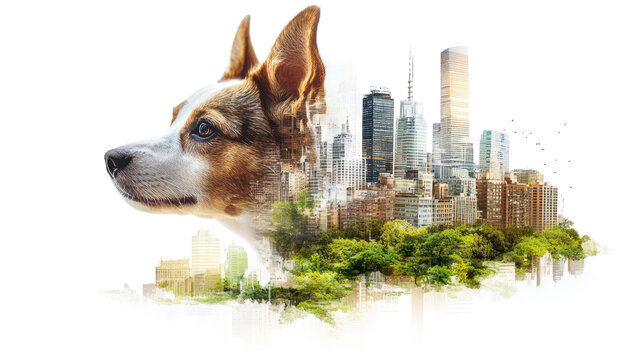 Urban Canine Dream: A captivating double exposure image of a dog's profile seamlessly blended with a vibrant cityscape, evoking a sense of adventure and urban exploration. - Powered by Adobe