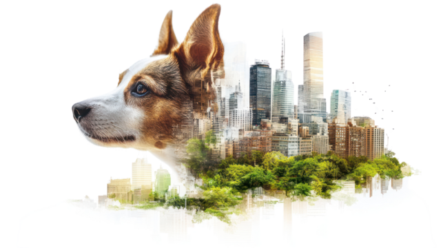 Urban Canine Dream: A captivating double exposure image of a dog's profile seamlessly blended with a vibrant cityscape, evoking a sense of adventure and urban exploration.