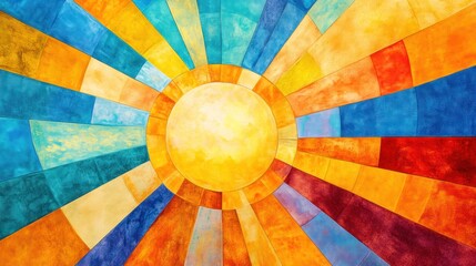 Abstract watercolor sunburst painting with vibrant colors.