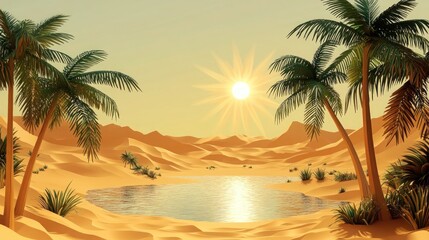 Obraz premium A paper desert oasis, with paper palm trees, a shimmering paper lake, and distant dunes under a scorching paper sun.