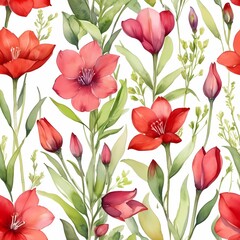 Obraz premium Seamless pattern with red tulips watercolor flowers. Beautiful love concept for print, textile, design, card. 