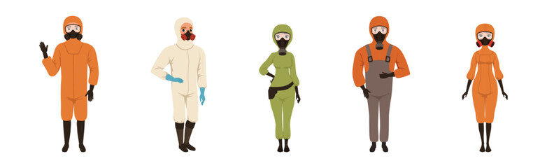 Man and Woman Wearing Protective Costume and Hazmat Suit Vector Set