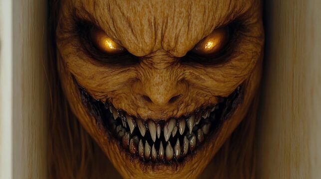 Close-up of a terrifying creature with glowing eyes and sharp teeth.