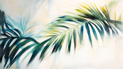 Teal and green palm leaves abstract painting on white background.