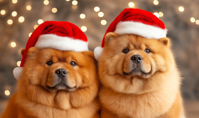 Fluffy chow dogs wearing Christmas hats together in a festive setting with lights in the background during the holiday season. santa hat
