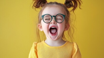 Joyful child expressing happiness bright yellow background portrait photography cheerful environment playful viewpoint childhood concept