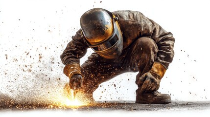 In a vividly detailed setting, a skilled craftsman diligently works on a metal piece, creating brilliant sparks as molten material flies. The welder is absorbed in their task, clad in protective gear