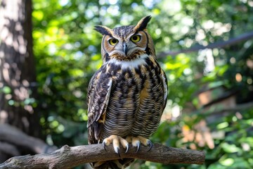 Fototapeta premium majestic owl perched on a branch, showcasing its striking features in a natural setting 