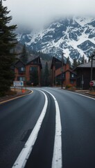 a street with a mountain in the background