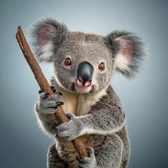 Naklejka premium Cute Koala Holding a Stick in a Studio Setting with Soft Lighting