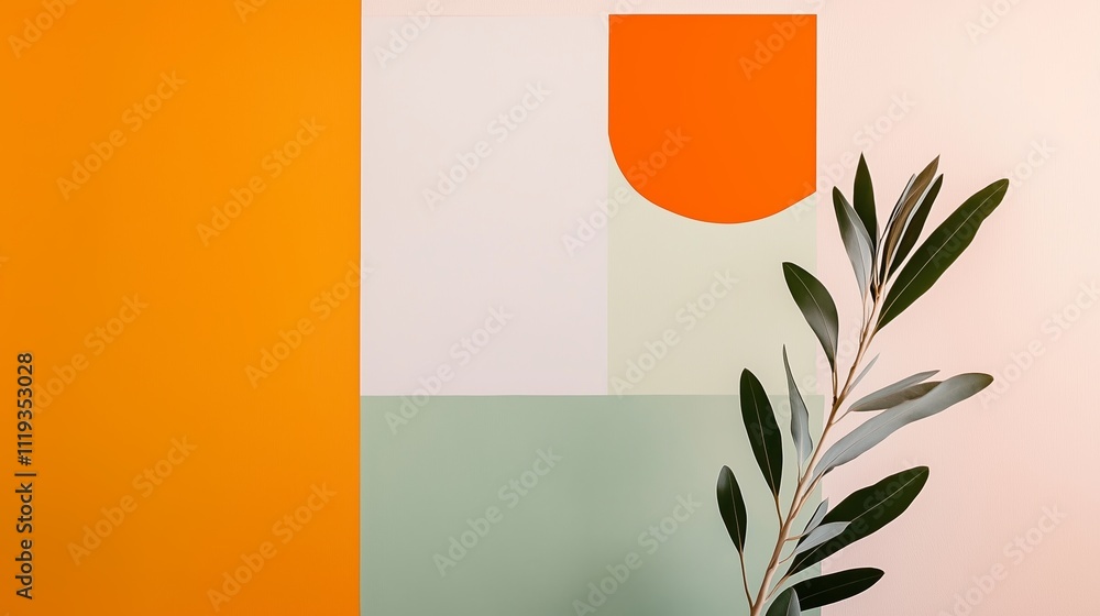 Poster modern abstract design featuring colorful geometric shapes and a green plant accent in a minimalisti