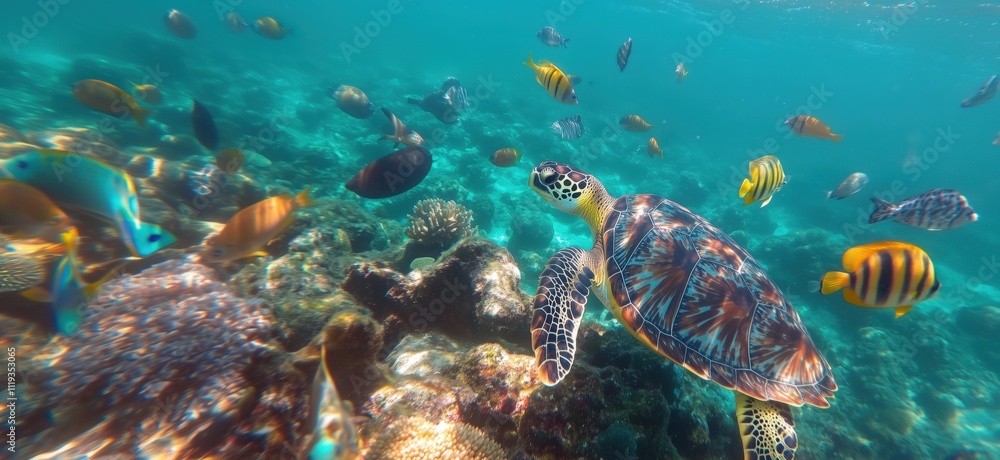 Poster underwater scene with turtle and colorful fish, copy space for text