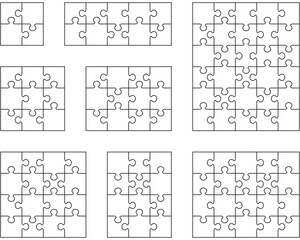 Illustration of eight white puzzles, separate parts	