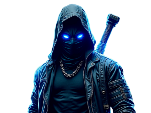 Mysterious hooded figure with glowing bioluminescence blue eyes and sword in urban setting at night