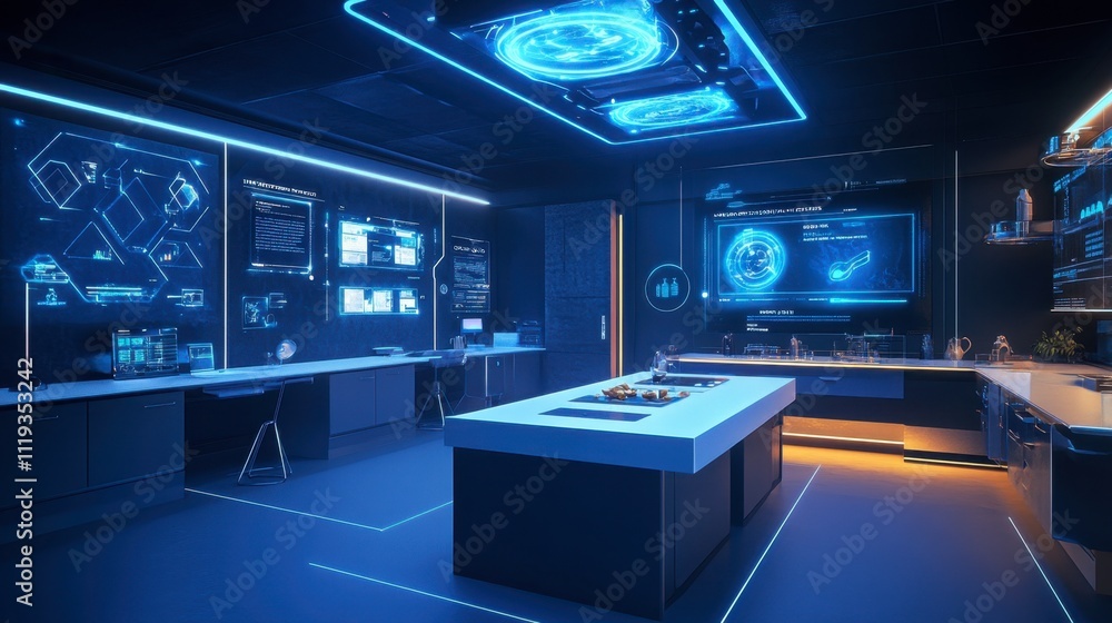 Poster modern high-tech laboratory with futuristic digital interfaces