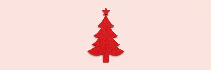 Fototapeta premium Minimalist green Christmas tree cutout on red paper background for festive banner and greeting card design, cutout, merry