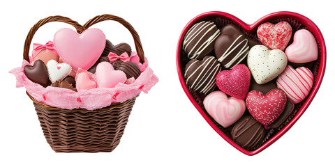 valentine heart gift. Delightful heart shaped chocolates in gift basket transparent background
