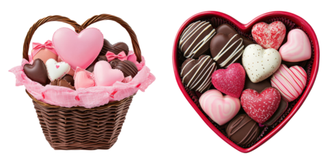 valentine heart gift. Delightful heart shaped chocolates in gift basket transparent background