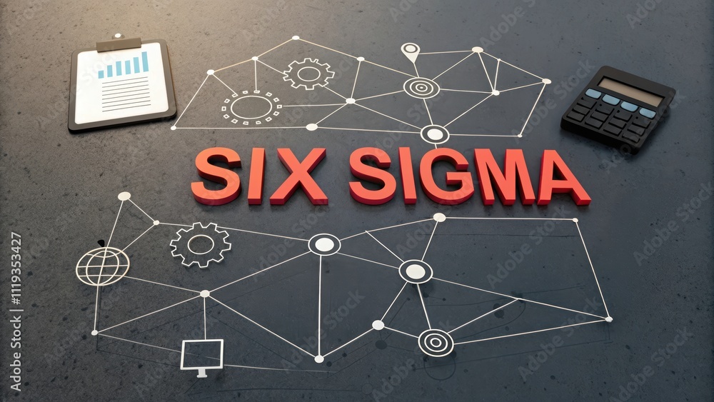 Aufkleber six sigma and dmaic concept. six sigma concept with tools and network graphics displayed.