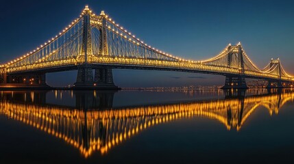 A beautifully illuminated bridge at night, reflecting in calm waters below.