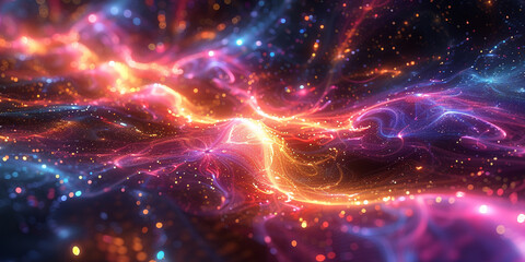 Fototapeta premium Neon fractal patterns weaving through a star-filled space, with a mesmerizing array of colors and light effects creating a vibrant and futuristic look.