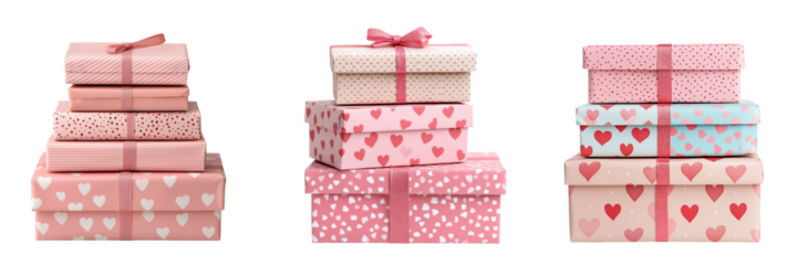 valentine heart gift. Stacked gift boxes with heart motifs create joyful transparent background