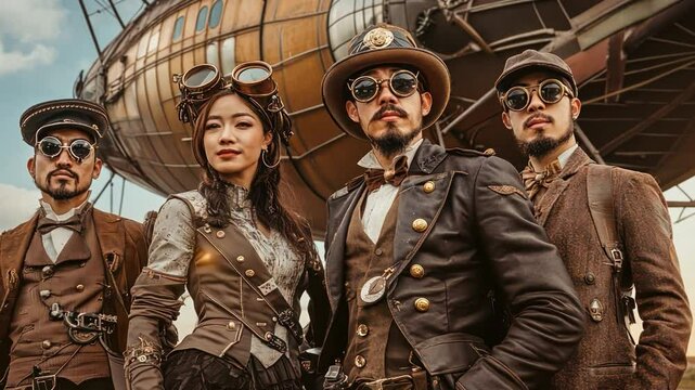 Steampunk airship crew of diverse origins, each blending their cultural heritage with futuristic steam-driven technology