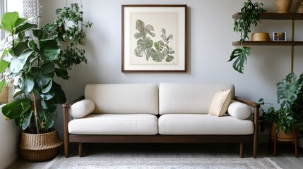 Fototapeta premium Cozy Modern Living Room with Beige Sofa and Green Plants