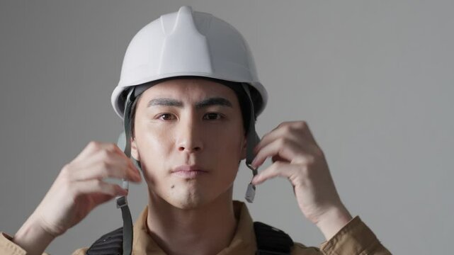 ヘルメットを被る建設現場の作業員男性