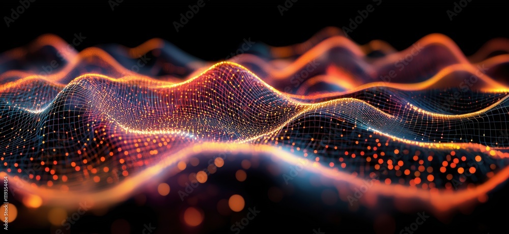Poster abstract digital waves with glowing particles, intricate mesh design, vibrant orange and blue colors