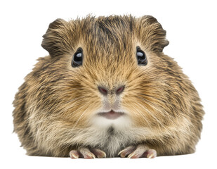 Fototapeta premium Close-up of a guinea pig with fluffy fur, adorable pet on transparent background. Animal portrait and cute pet photography concept