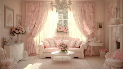 Elegant Pink Living Room with Floral Accents and Soft Lighting