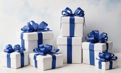 파란색 리본이 달린 여러 개의 선물 상자