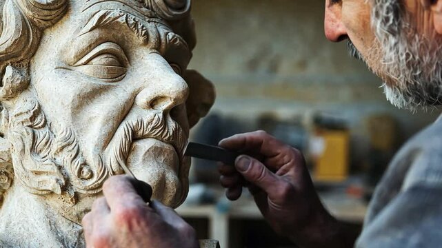Master stone carver working on a hand-carved statue, blending ancient techniques with modern tools in an outdoor workshop