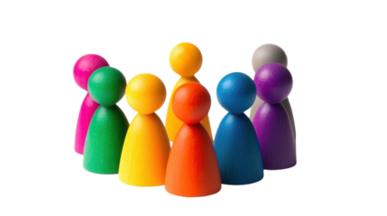Colorful Unity: A group of wooden figures in vibrant hues form a circle, symbolizing inclusivity, diversity, and the power of coming together.  