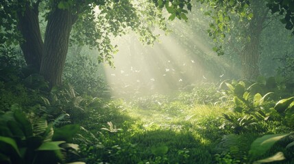 Fototapeta premium Radiant Sunlight Filters Through Lush Green Forest Canopy