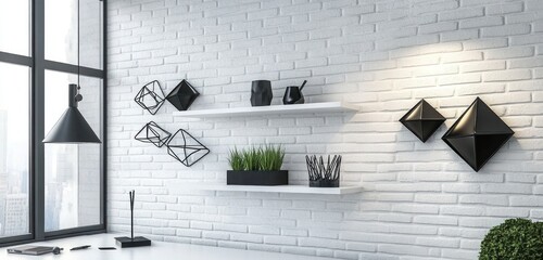 A modern workspace with white brick walls, decorated with minimalist black metal wall sculptures. 
