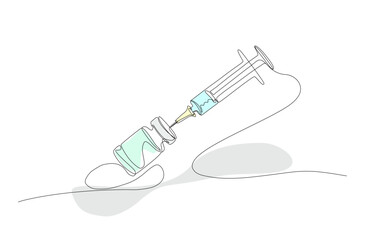 Continuous one line hand drawn of syringe and medicine vial, Syringe with needle and vaccine tube isolated on white background, Colour in, Vector illustration design 