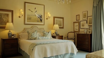 Elegant and Serene Bedroom Interior with Art and Soft Lighting