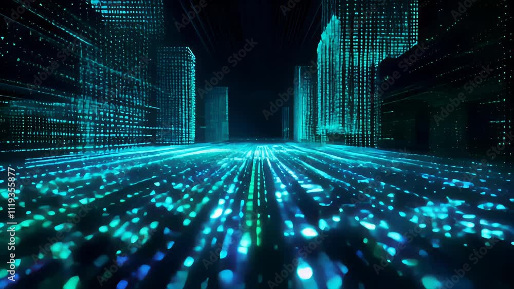 Poster abstract video background of a vibrant neon digital data cityscape filled with luminous and structur