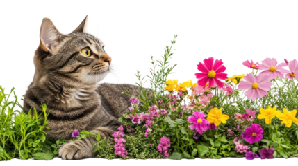 Cat in a Flower Garden: A tabby cat rests amidst a vibrant array of colorful flowers, creating a serene and picturesque scene. The cat's curious gaze adds a touch of intrigue. 